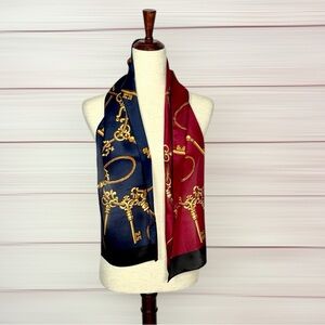 Echo Silk Scarf Blue Maroon Gold Chain and Keys Print Vintage Japan 10x52"